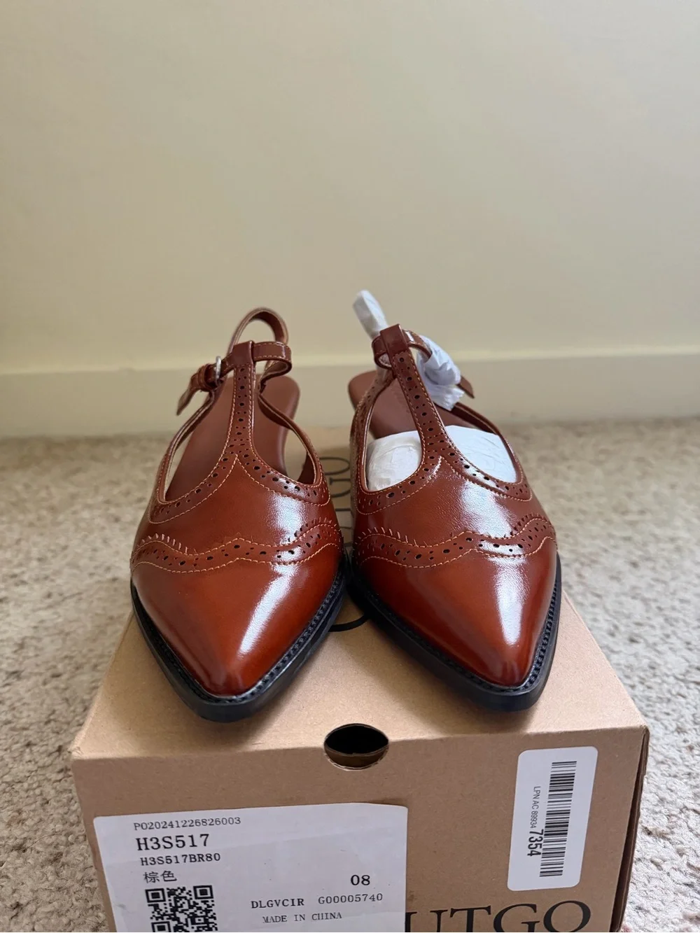Brown T-Strap Slingback Kitten Heels Pointed Toe Brogue Shoes Size 8 - Picture 2 of 6